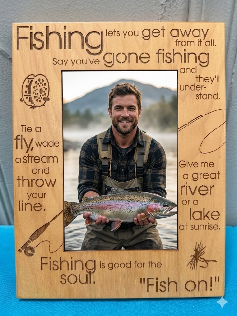 Wooden Fishing Photo Frame - Natural Brown - "Fish On!"